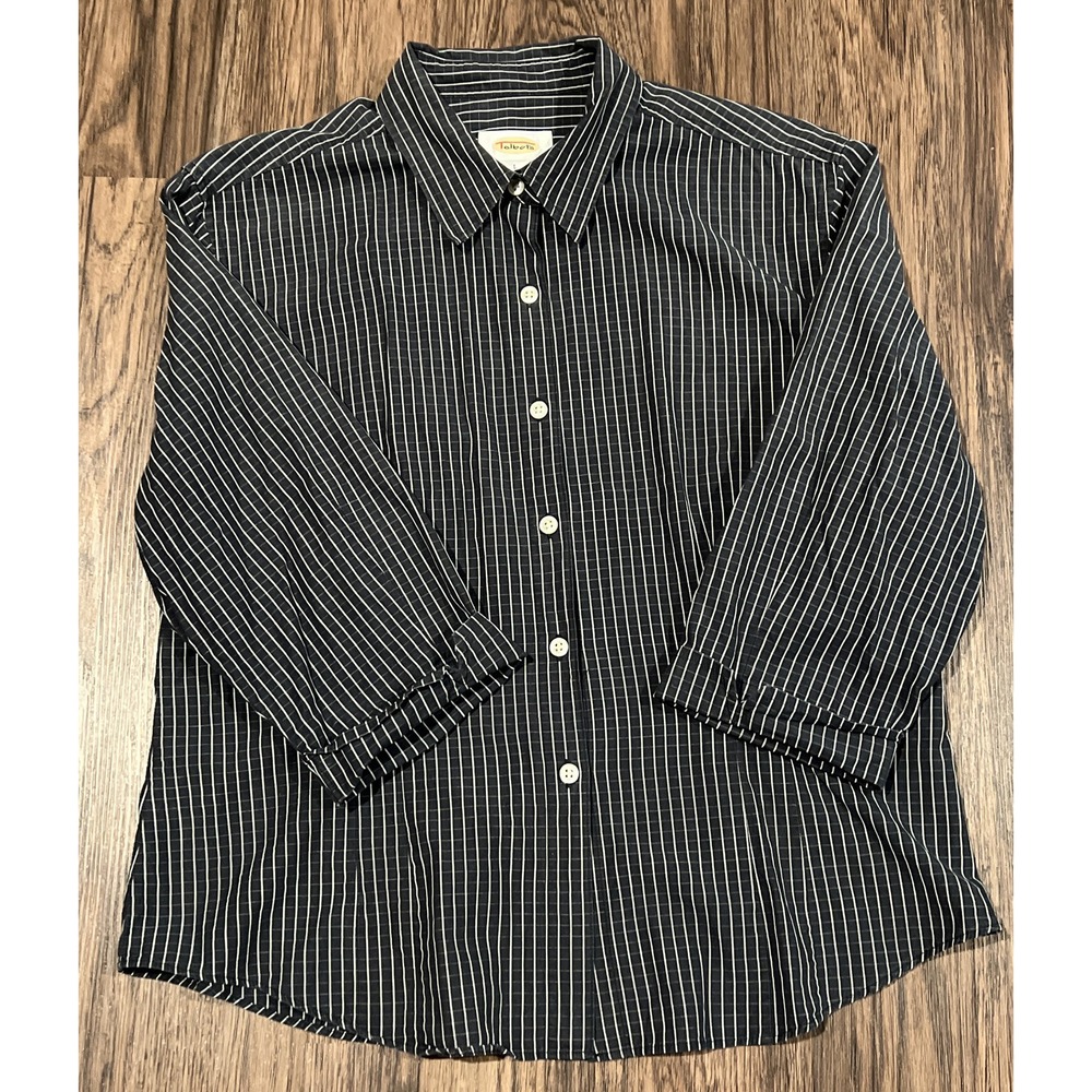 Talbots Blue Striped 3/4 Sleeve Fitted Button Blouse  size L